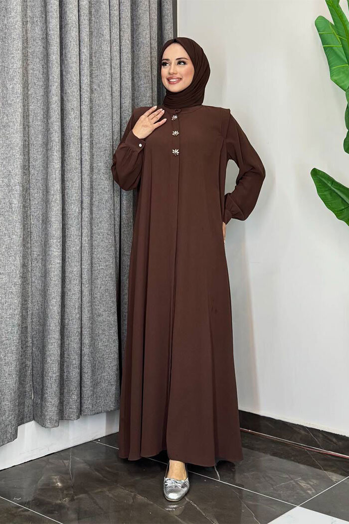 Boydan Düğmeli Taş İşleme Detaylı Ferace 7903 Kahverengi - 9