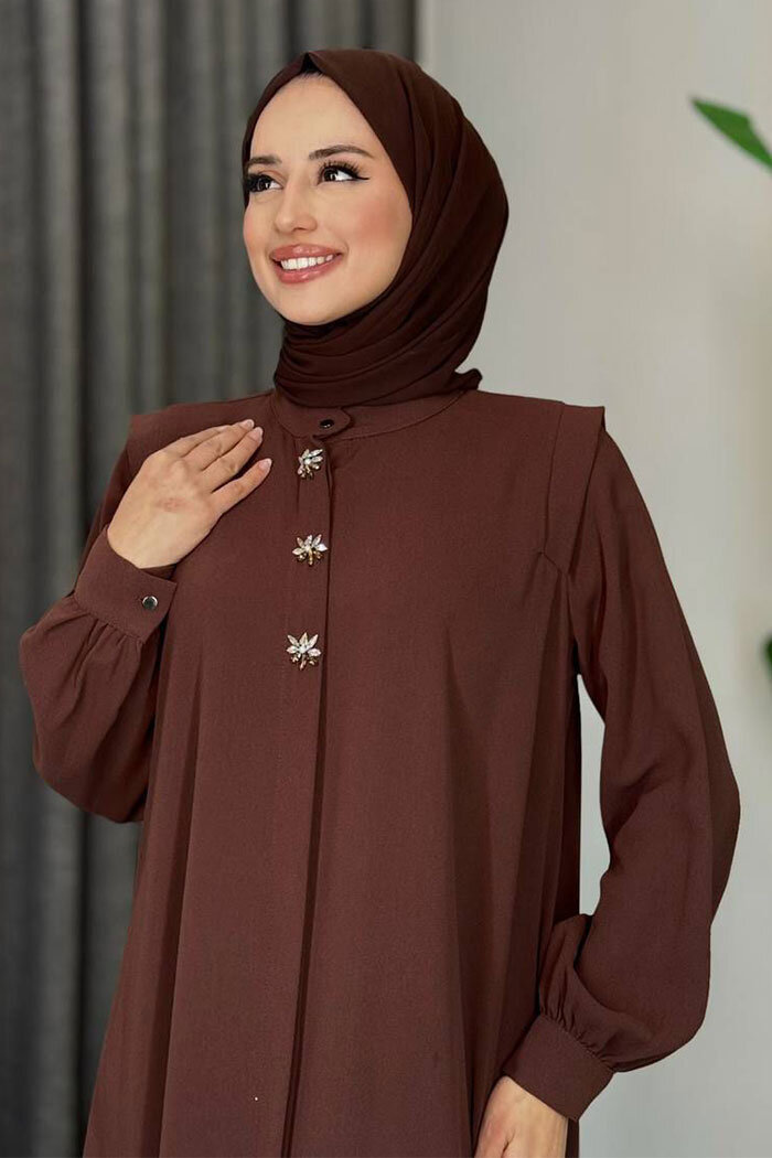 Boydan Düğmeli Taş İşleme Detaylı Ferace 7903 Kahverengi - 10