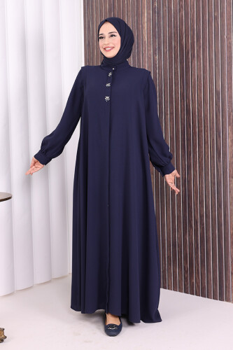 Boydan Düğmeli Taş İşleme Detaylı Ferace 7903 Lacivert 