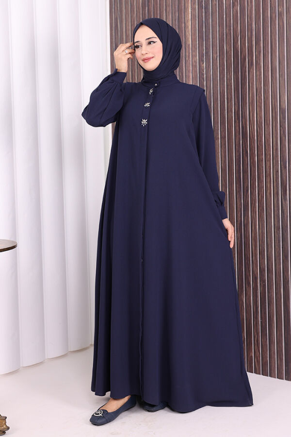 Boydan Düğmeli Taş İşleme Detaylı Ferace 7903 Lacivert - 3
