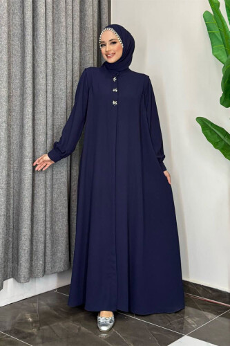 Boydan Düğmeli Taş İşleme Detaylı Ferace 7903 Lacivert - Bym Fashion