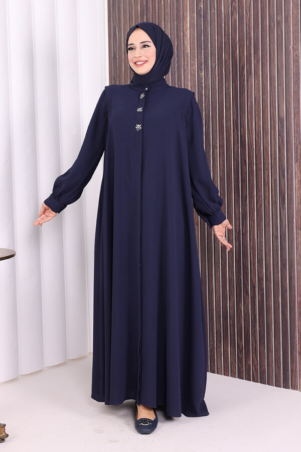 Boydan Düğmeli Taş İşleme Detaylı Ferace 7903 Lacivert - 1