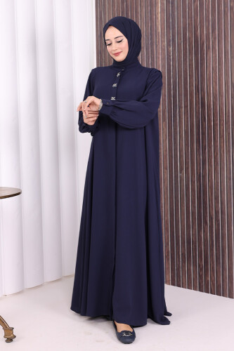 Boydan Düğmeli Taş İşleme Detaylı Ferace 7903 Lacivert - 2
