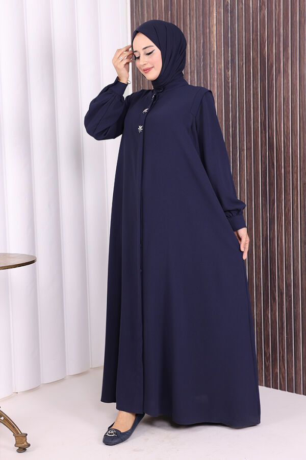 Boydan Düğmeli Taş İşleme Detaylı Ferace 7903 Lacivert - 4