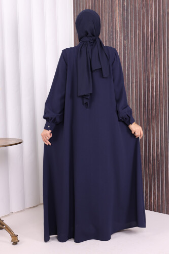 Boydan Düğmeli Taş İşleme Detaylı Ferace 7903 Lacivert - 5