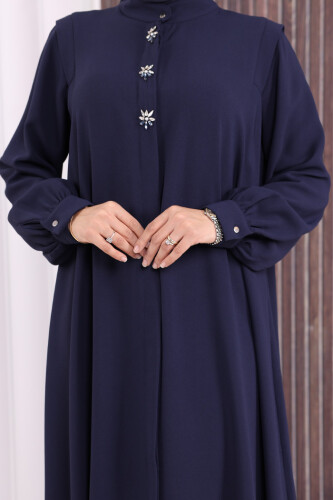 Boydan Düğmeli Taş İşleme Detaylı Ferace 7903 Lacivert - 7