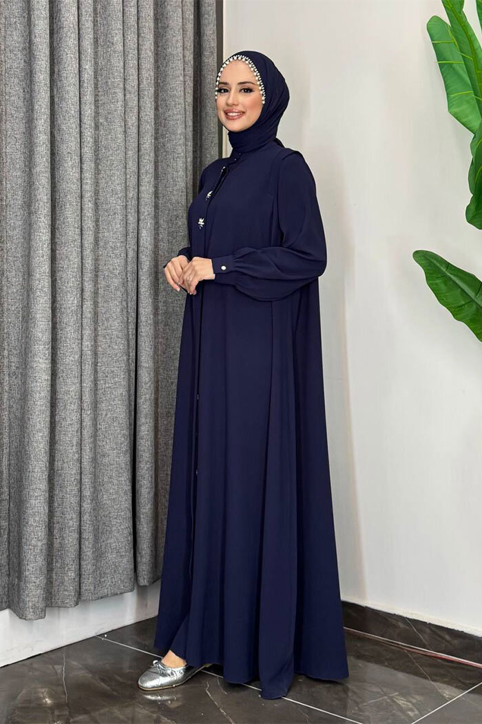 Boydan Düğmeli Taş İşleme Detaylı Ferace 7903 Lacivert - 10