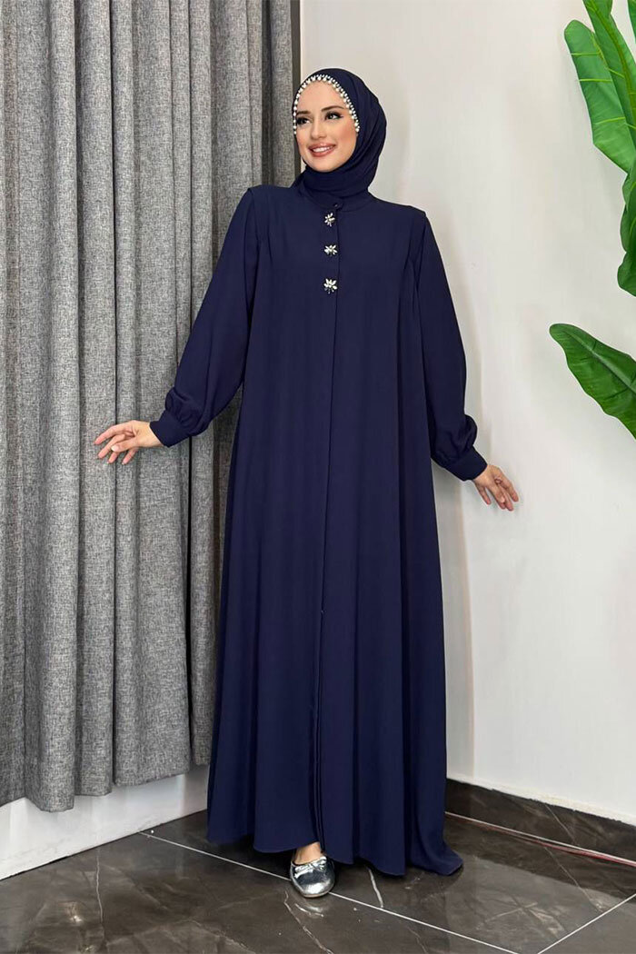 Boydan Düğmeli Taş İşleme Detaylı Ferace 7903 Lacivert - 11