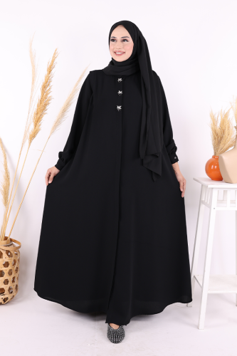 Boydan Düğmeli Taş İşleme Detaylı Ferace 7903 Siyah - Bym Fashion