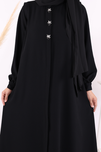 Boydan Düğmeli Taş İşleme Detaylı Ferace 7903 Siyah - 5