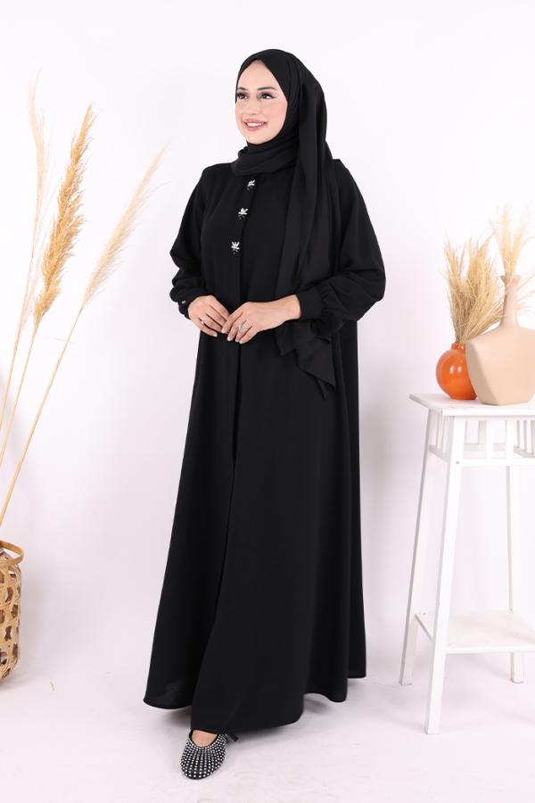 Boydan Düğmeli Taş İşleme Detaylı Ferace 7903 Siyah - 2