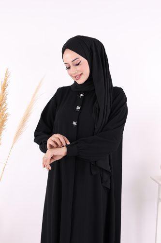 Boydan Düğmeli Taş İşleme Detaylı Ferace 7903 Siyah - 4