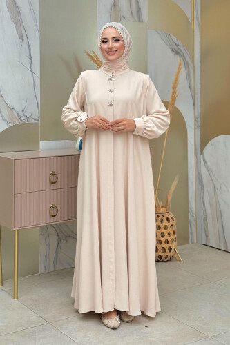 Boydan Düğmeli Taş İşleme Detaylı Ferace 7903 Taş - Bym Fashion