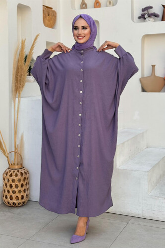 Ön Kısmı Boydan Düğmeli Salaş Elbise 7910 Lila - Bym Fashion