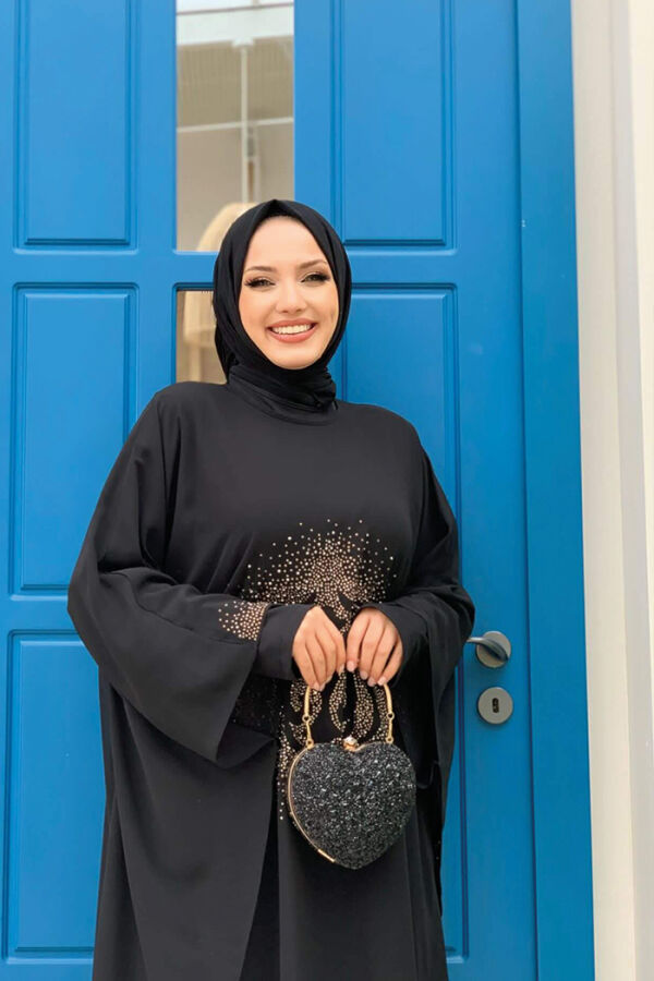فستان سهرة بكاب بأكمام خفاش مطبّع بأحجار لامعة 8191 أسود - 8