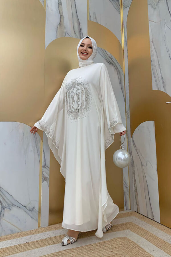 بدلة سهرة بأكمام كاب بأحجار مطبوعة بأكمام بات 8191 بيج فاتح - 6