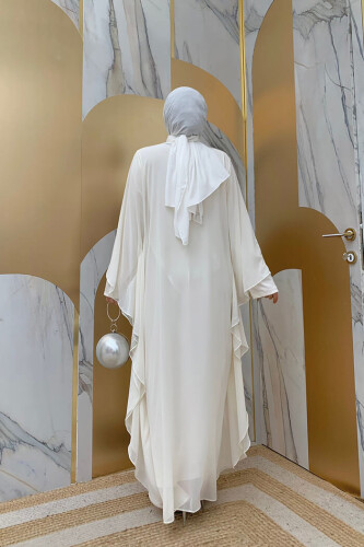 Steinbedruckter Cape-Abendanzug mit Fledermausärmeln 8191 Ecru - 7