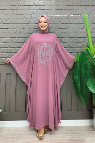 Stone Printed Bat Sleeve Cape Evening Dress Suit 8191 Powder - 6