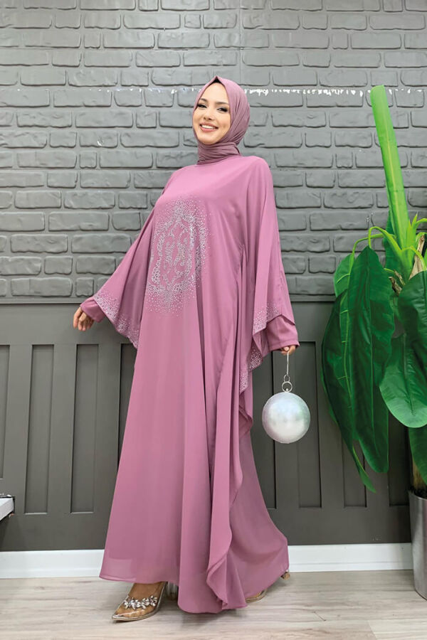 Stone Printed Bat Sleeve Cape Evening Dress Suit 8191 Powder - 7