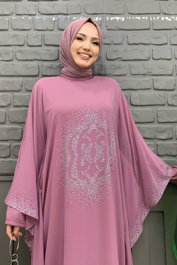 Stone Printed Bat Sleeve Cape Evening Dress Suit 8191 Powder - 8