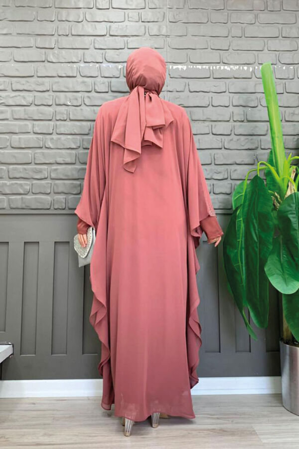 Stone Printed Bat Sleeve Cape Evening Dress Suit 8191 Dried Rose - 7