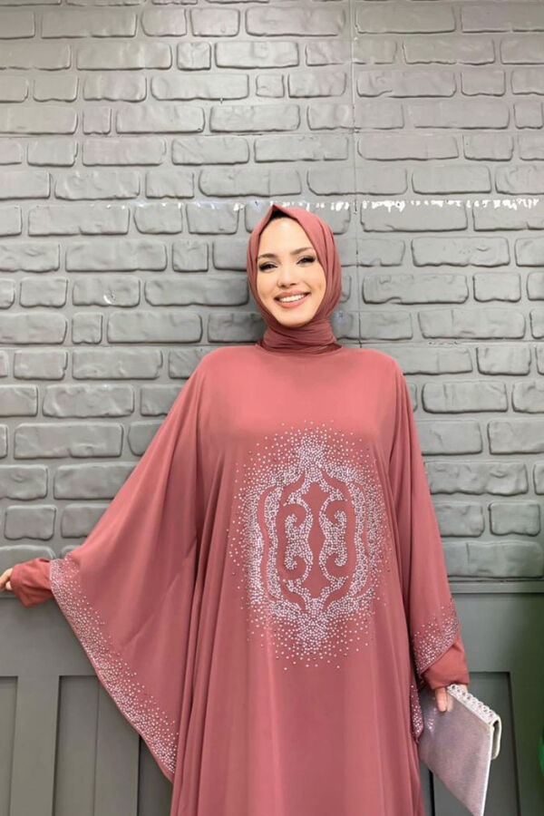 Stone Printed Bat Sleeve Cape Evening Dress Suit 8191 Dried Rose - 8