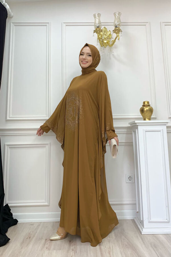 Stone Printed Bat Sleeve Cape Evening Dress Suit 8191 Tan - 7