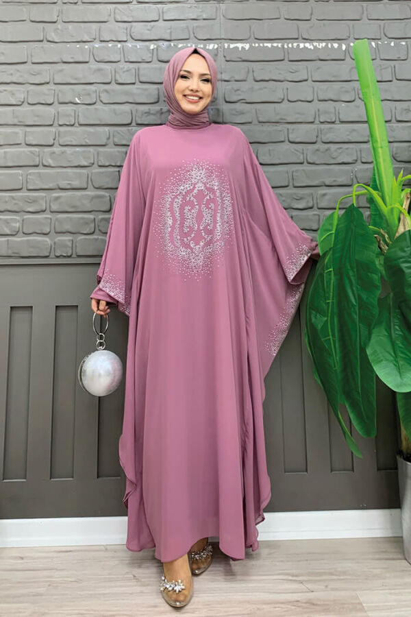 Taş Baskılı Yarasakol Abaya Takım 8191 Pudra - 5