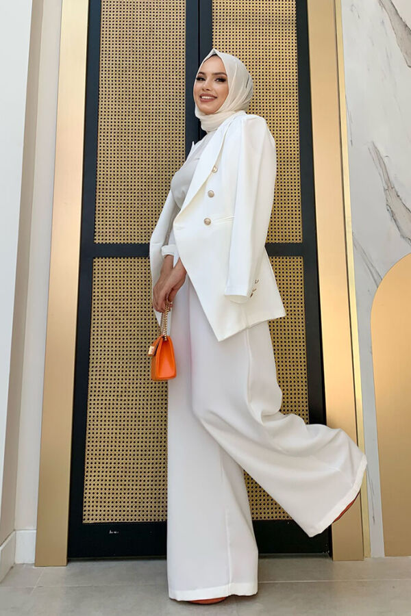 Düğme Detay Blazer Ceket Bol Pantolon Takım 8302 Ekru - 4