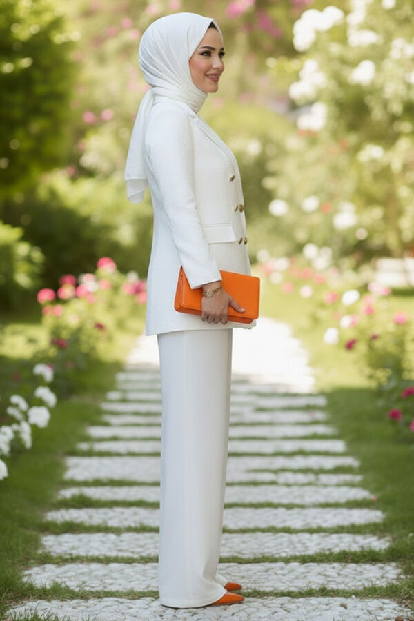 Düğme Detay Blazer Ceket Bol Pantolon Takım 8302 Ekru - 2