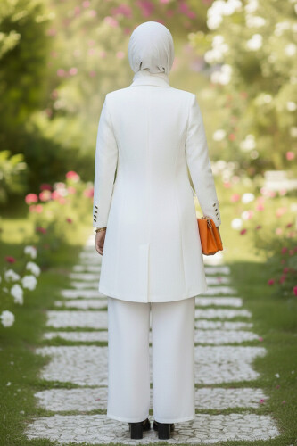 Düğme Detay Blazer Ceket Bol Pantolon Takım 8302 Ekru - 3