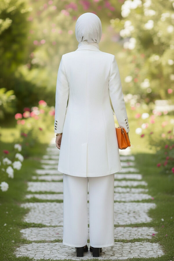 Düğme Detay Blazer Ceket Bol Pantolon Takım 8302 Ekru - 3