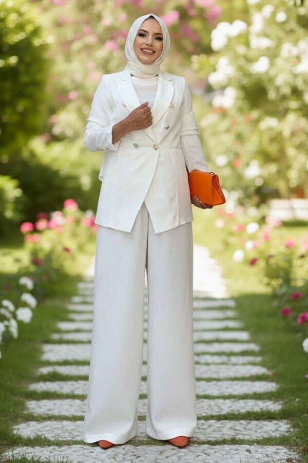 Düğme Detay Blazer Ceket Bol Pantolon Takım 8302 Ekru - 1