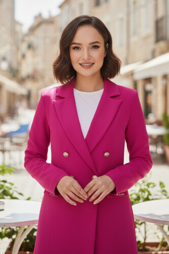 Düğme Detay Blazer Ceket Bol Pantolon Takım 8302 Fuşya - 3