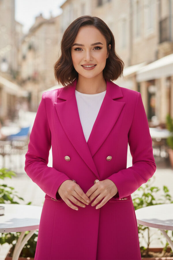 Düğme Detay Blazer Ceket Bol Pantolon Takım 8302 Fuşya - 3