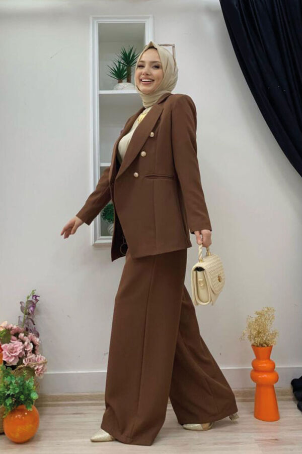Düğme Detay Blazer Ceket Bol Pantolon Takım 8302 Kahverengi - 6