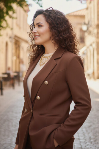 Düğme Detay Blazer Ceket Bol Pantolon Takım 8302 Kahverengi - 3