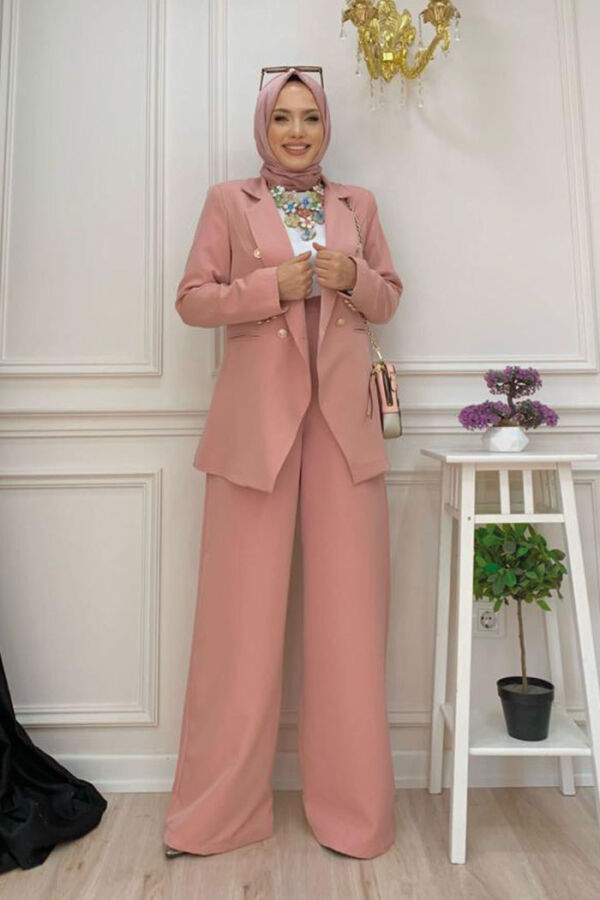 Düğme Detay Blazer Ceket Bol Pantolon Takım 8302 Pudra - 5