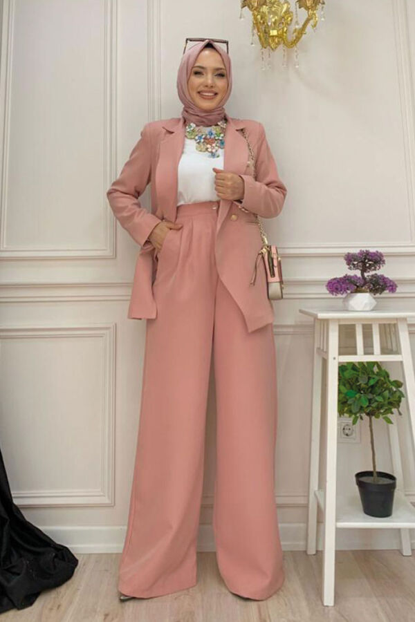 Düğme Detay Blazer Ceket Bol Pantolon Takım 8302 Pudra - 6