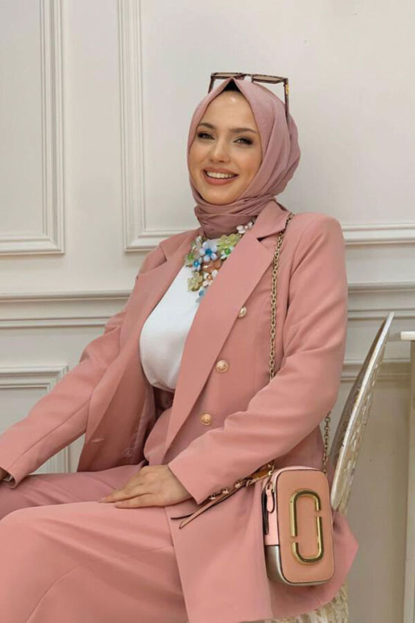 Düğme Detay Blazer Ceket Bol Pantolon Takım 8302 Pudra - 8