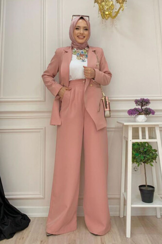 Düğme Detay Blazer Ceket Bol Pantolon Takım 8302 Pudra - 6