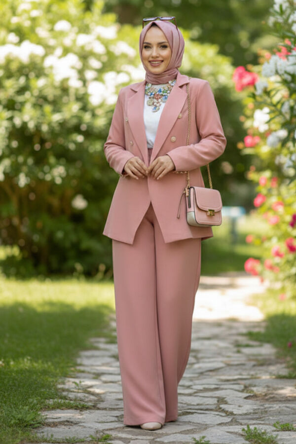 Düğme Detay Blazer Ceket Bol Pantolon Takım 8302 Pudra - 1