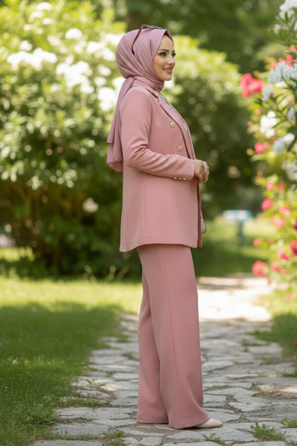 Düğme Detay Blazer Ceket Bol Pantolon Takım 8302 Pudra - 2
