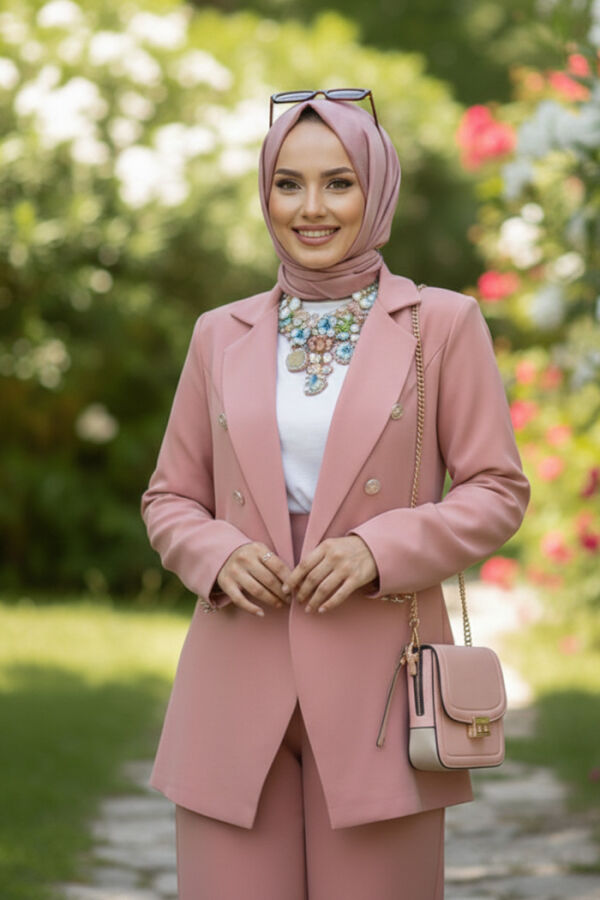 Düğme Detay Blazer Ceket Bol Pantolon Takım 8302 Pudra - 3