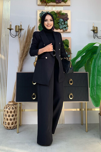 Düğme Detay Blazer Ceket Bol Pantolon Takım 8302 Siyah - 6