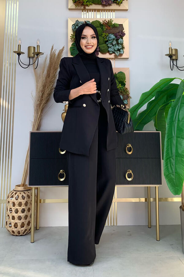 Düğme Detay Blazer Ceket Bol Pantolon Takım 8302 Siyah - 6