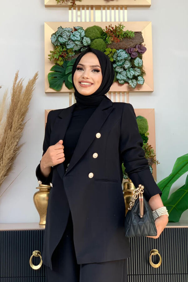 Düğme Detay Blazer Ceket Bol Pantolon Takım 8302 Siyah - 8