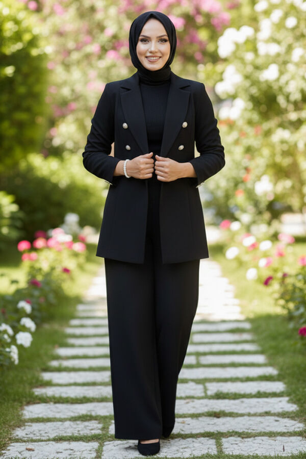 Düğme Detay Blazer Ceket Bol Pantolon Takım 8302 Siyah - 1