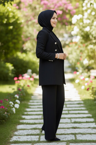 Düğme Detay Blazer Ceket Bol Pantolon Takım 8302 Siyah - 2