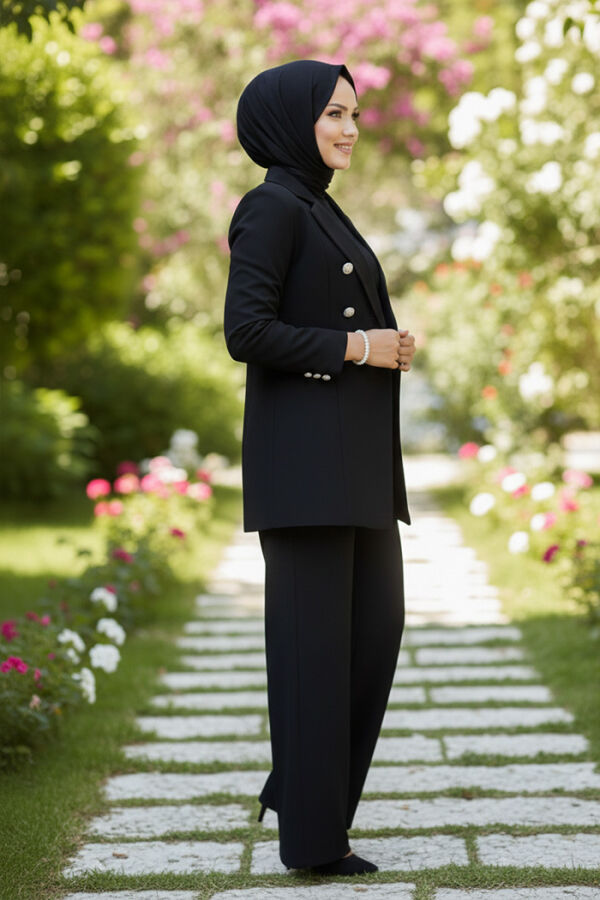 Düğme Detay Blazer Ceket Bol Pantolon Takım 8302 Siyah - 2